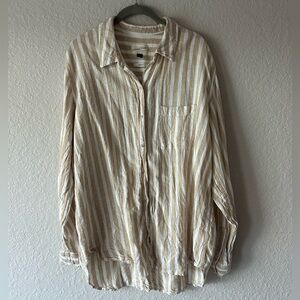 Universal Thread Striped Button Down Shirt L Tan White Cotton Relaxed Fit L